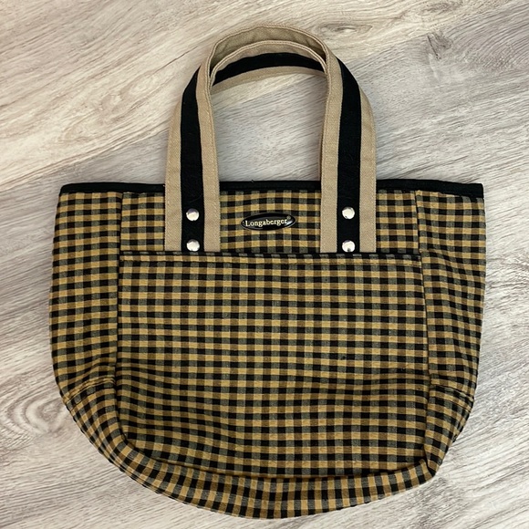 Longaberger Handbags - Longaberger Black & Yellow with Black & Tan Double Handle Open Top Tote 8" x 10"
